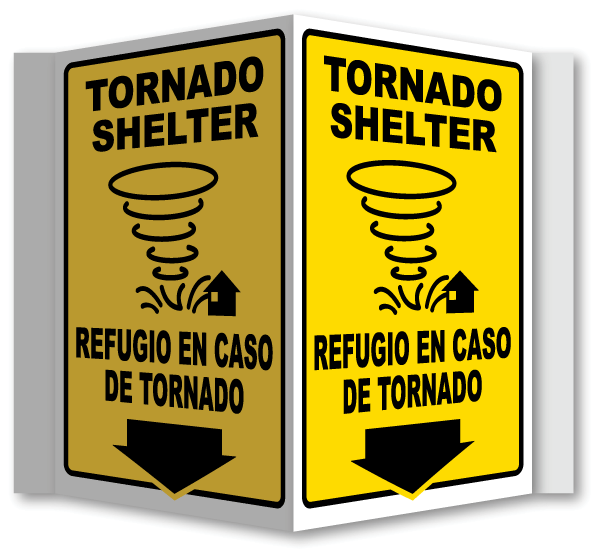 Bilingual Tornado Shelter Down Arrow 3-Way Sign
