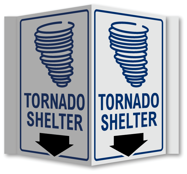 Tornado Shelter Down Arrow 3-Way Sign