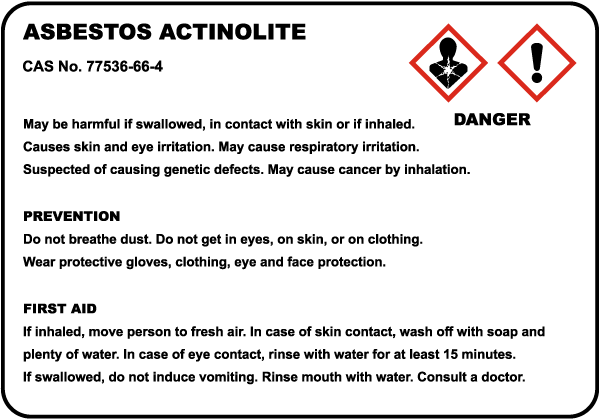 Asbestos Actinolite Danger Sign
