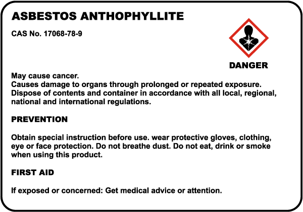 Asbestos Anthophyllite Danger Sign