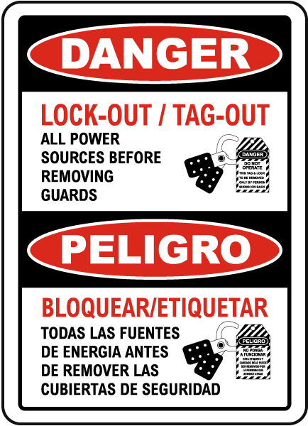 Bilingual Danger Lock-Out Tag-Out Power Sources Sign