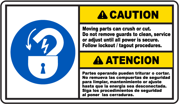 Bilingual Caution Moving Parts Can Crush Sign