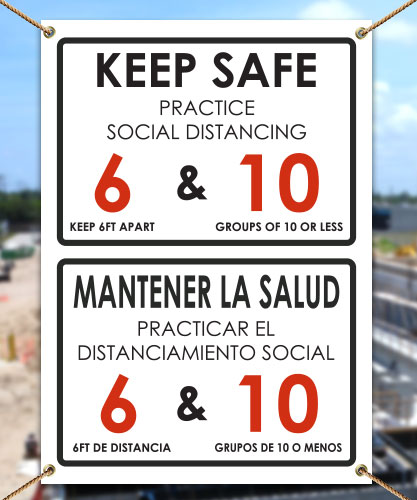Bilingual Keep Safe Practice Social Distancing Banner