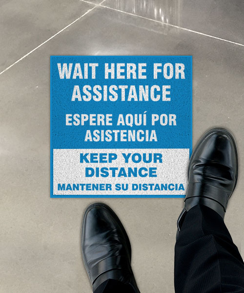 Bilingual Wait Here for Assistance Floor Sign