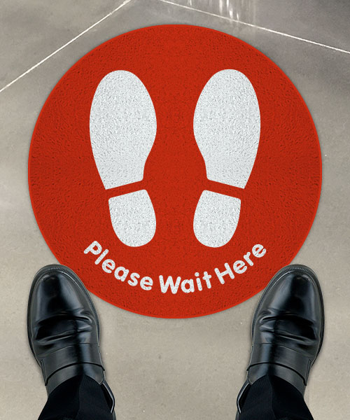 Red Please Wait Here Floor Sign