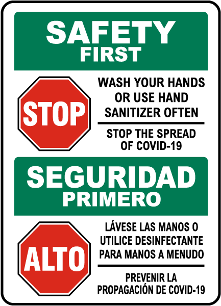 Bilingual Safety First Wash Your Hands Use Hand Sanitizer Sign