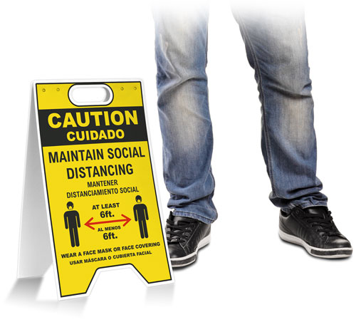 Bilingual Caution Social Distancing Wear Face Mask Floor Stand