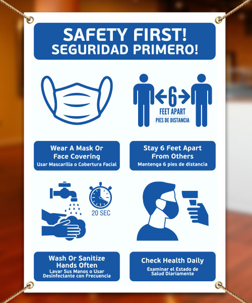 Bilingual Safety First! Wear A Mask and Stay 6Ft Apart Banner