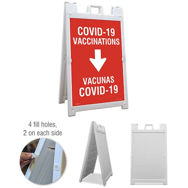 Bilingual COVID-19 Vaccinations Down Arrow Sandwich Board Sign