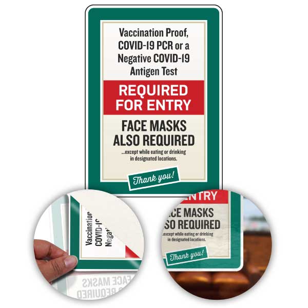Vaccination Proof, Covid-19 PCR or Negative Test Required for Entry Sign