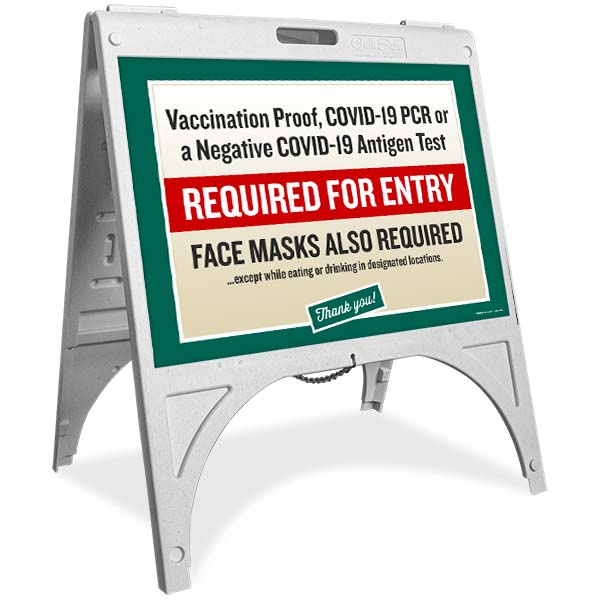 Vaccination Proof, Covid-19 PCR or Negative Test Required for Entry Sandwich Board Sign