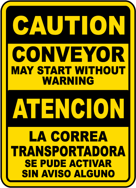 Bilingual Conveyor May Start Without Warning Sign