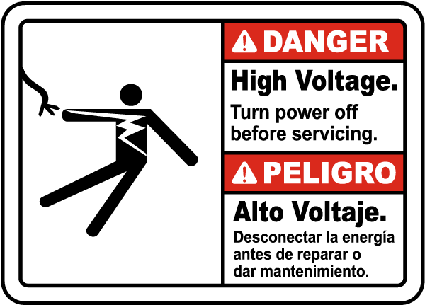 Bilingual Danger High Voltage Turn Off Power Label
