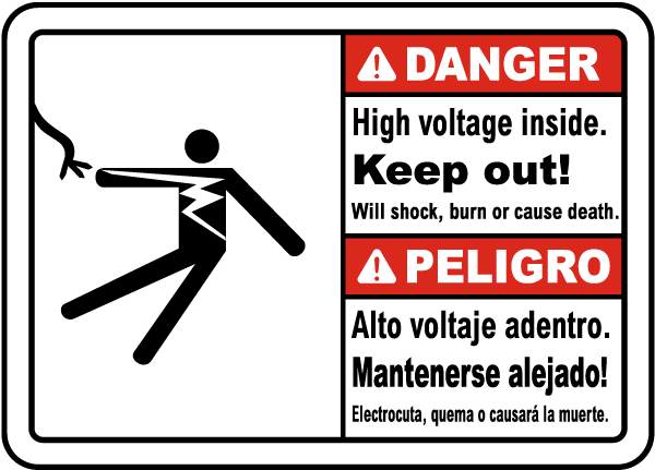 Bilingual Hazardous Voltage Above Keep Out Label