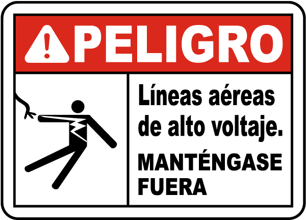 Spanish Danger Hazardous Voltage Overhead Label