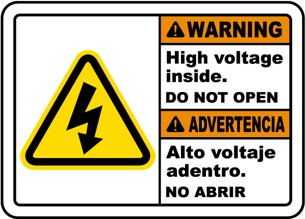 Bilingual Warning High Voltage Inside Do Not Open Label