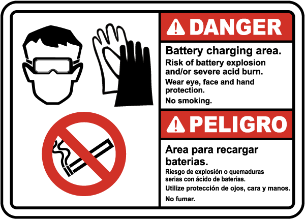 Bilingual Battery Charging Area Risk of Explosion Sign