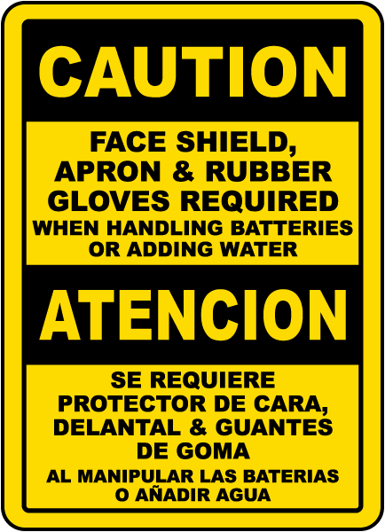 Bilingual When Handling Batteries or Adding Water Sign