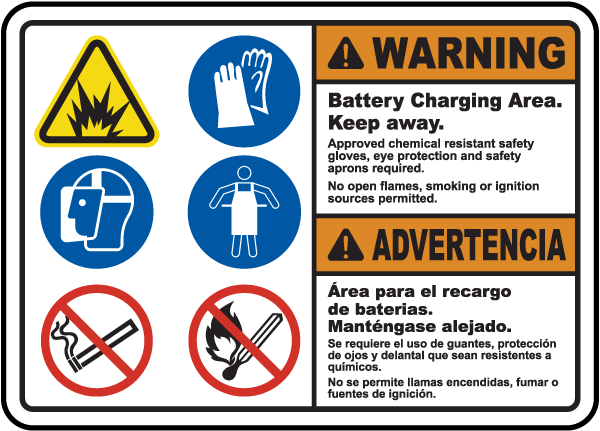 Bilingual Battery Charging Area Keep Away Sign