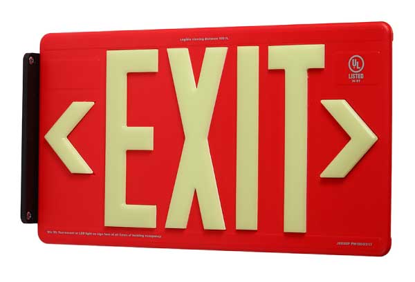Red Photoluminescent Exit Sign - Rated for Indoor/Outdoor - Double Sided - 100FT Viewing Distance 
