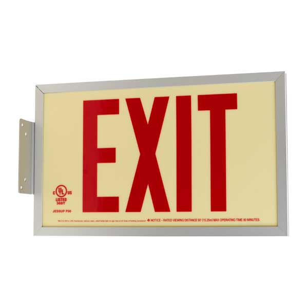 Red Photoluminescent Exit Sign - Aluminum Frame - Double Sided - 50FT Viewing Distance 