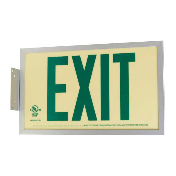 Green Photoluminescent Exit Sign - Aluminum Frame - Double Sided - 50FT Viewing Distance 