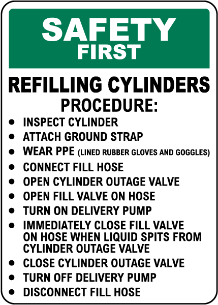 Safety First Refilling Cylinders Procedure Sign