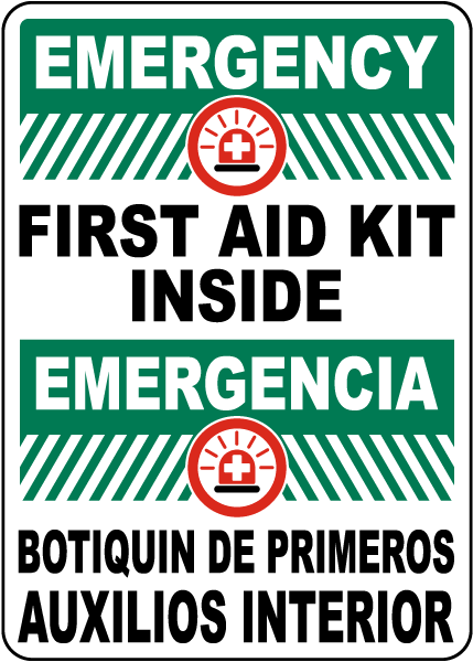 Bilingual Emergency First Aid Kit Inside Sign