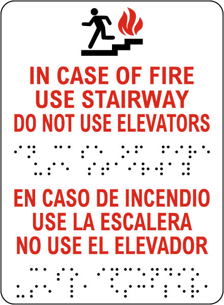 Bilingual In Case Of Fire Use Stairway Sign with Braille