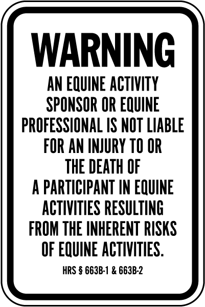 Hawaii Equine Liability Sign