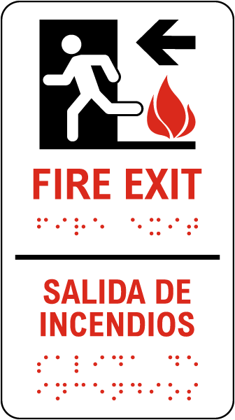 Bilingual Fire Exit To The Left Sign with Braille