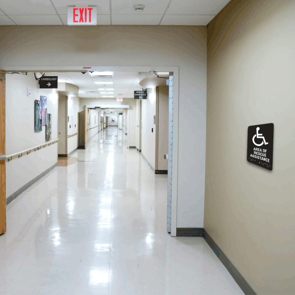 Area Of Rescue Assistance Sign with Braille