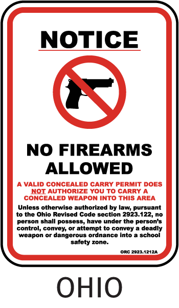 Ohio School Zone No Firearms Allowed Sign