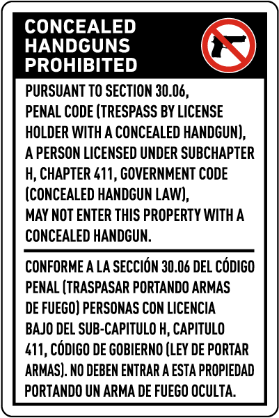 Texas 30.06 Bilingual No Concealed Carry Sign
