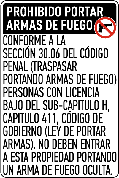 Spanish Texas 30.06 No Concealed Carry Sign