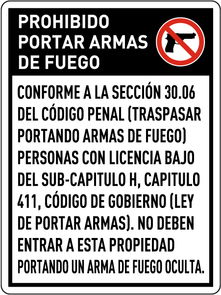 Texas 30.06 Spanish No Concealed Carry Sign