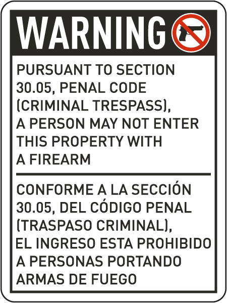 Bilingual Texas 30.05 No Firearms Allowed Sign