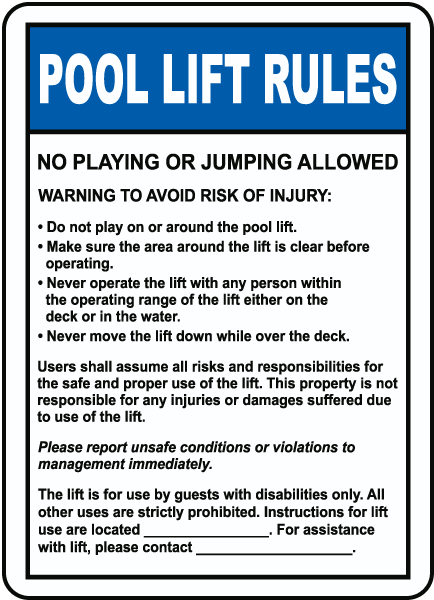 Pool Lift Rules Sign