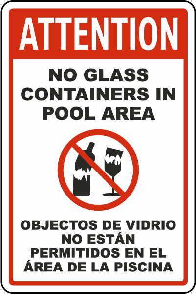 Attention No Glass Containers In Pool Area Sign