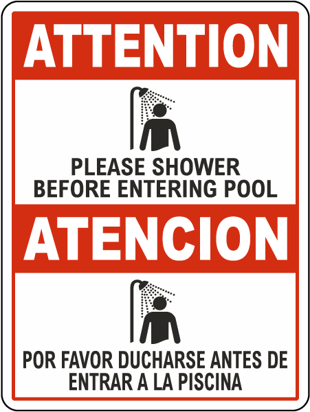 Bilingual Attention Shower Before Entering Pool Sign