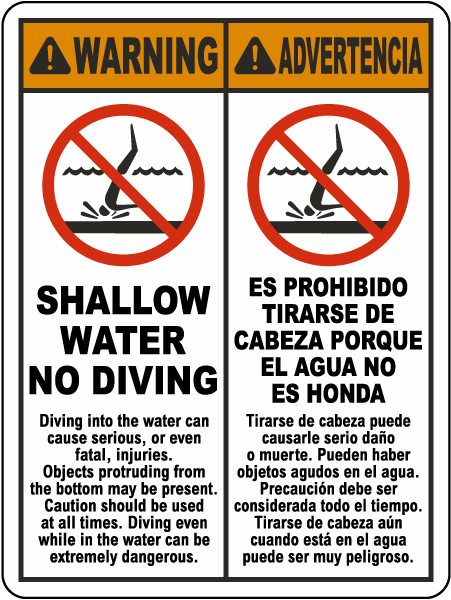 Bilingual Warning Shallow Water No Diving Sign