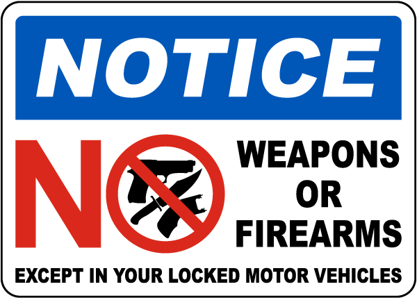 Notice Weapons or Firearms Prohibited Sign