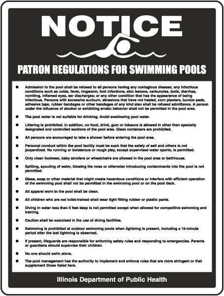 Illinois Patron Regulations for Swimming Pools Sign