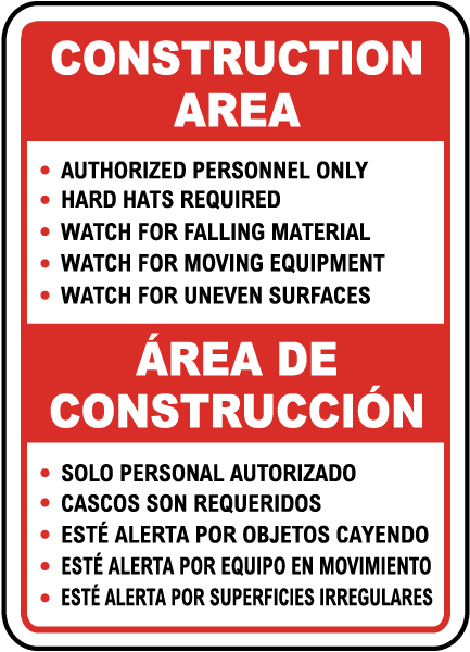 Bilingual Construction Area Rules Sign