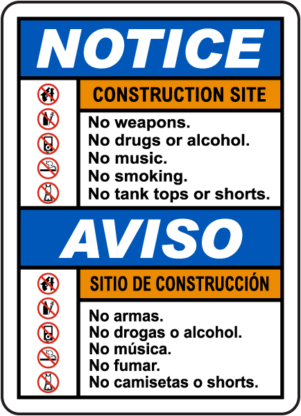 Bilingual Notice Construction Site Rules Sign
