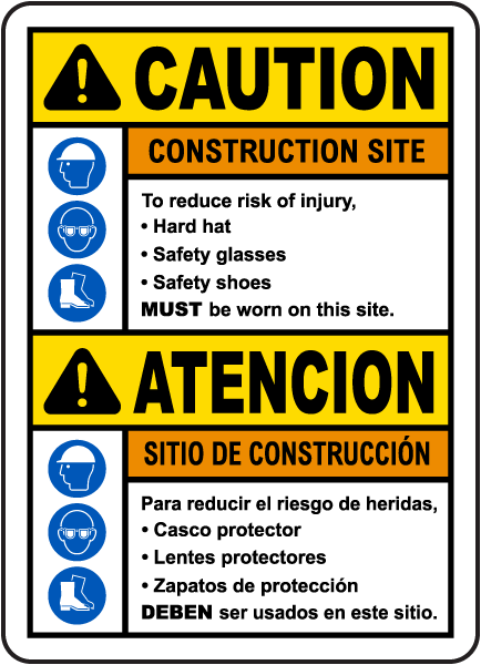 Bilingual Caution Construction Site Risk of Injury Sign