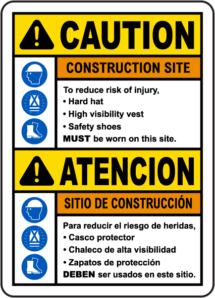 Bilingual Caution Construction Site Risk of Injury Sign