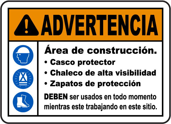 Spanish Warning Construction Area PPE Sign