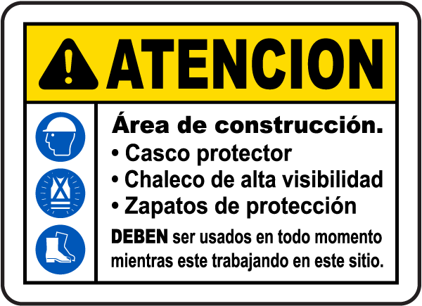Spanish Caution Construction Area PPE Sign