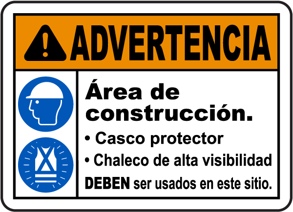 Spanish Warning Construction Area PPE Sign